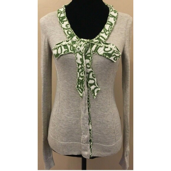 Moth by Anthropologie  Womens Intarsia Snap Down Cardigan Small Gray Green Bow - Picture 1 of 11